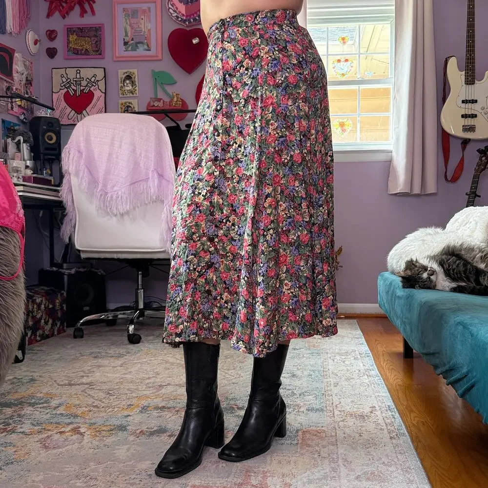 Vintage 90s cottagecore floral whimsical midi skirt